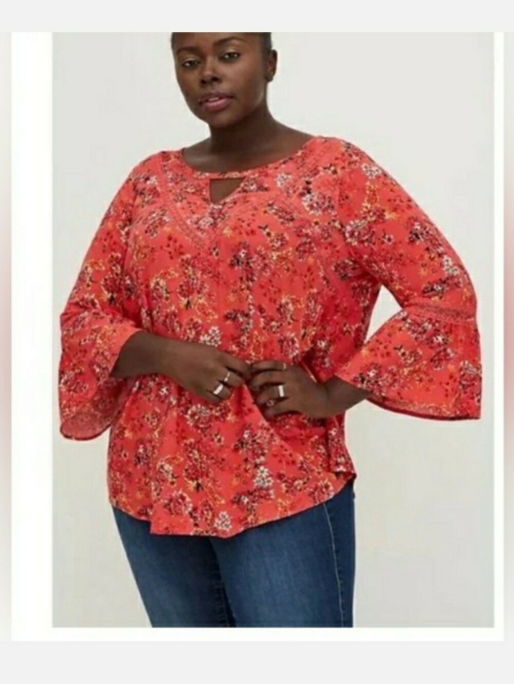 torrid Coral Floral Keyhole Bell-Sleeve Tunic Blouse